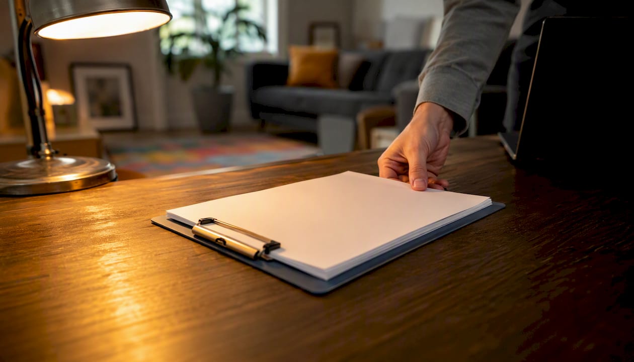 Hand arranging blank rental forms on clipboard