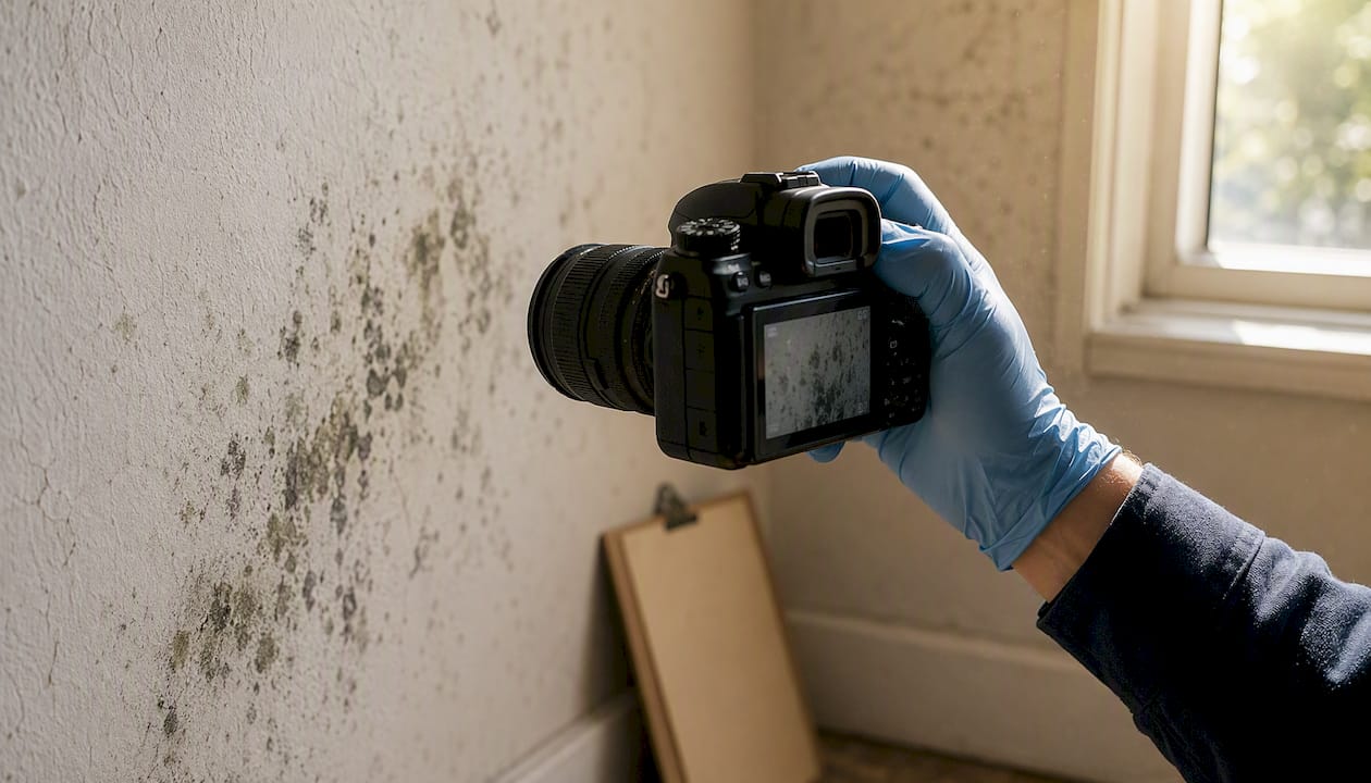Hand photographing visible mold in rental unit