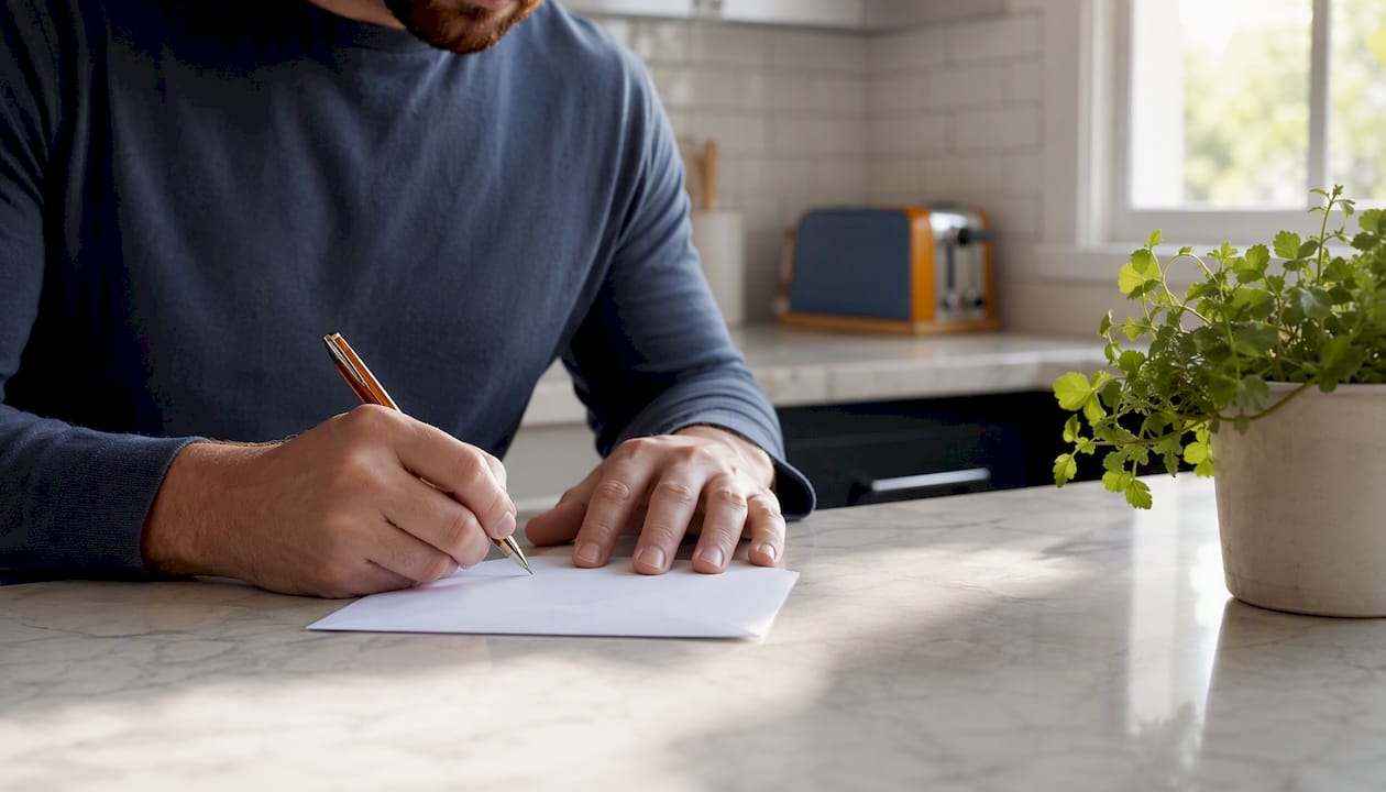 Hand sealing lease renewal envelope on wooden table