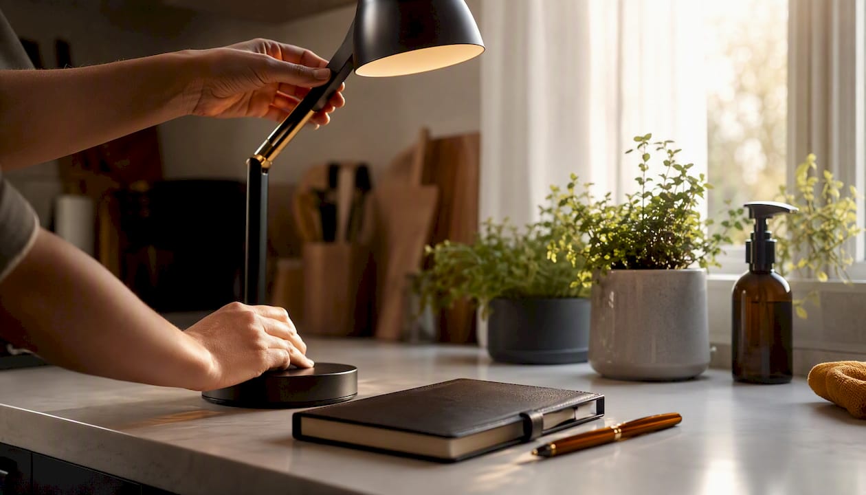 Hand adjusting desk lamp over lease paperwork area