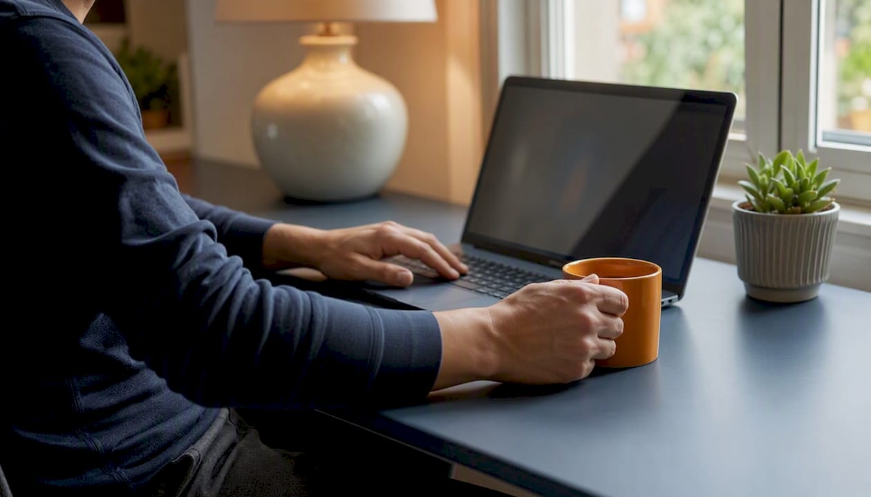 Hands at home office desk with laptop and mouse