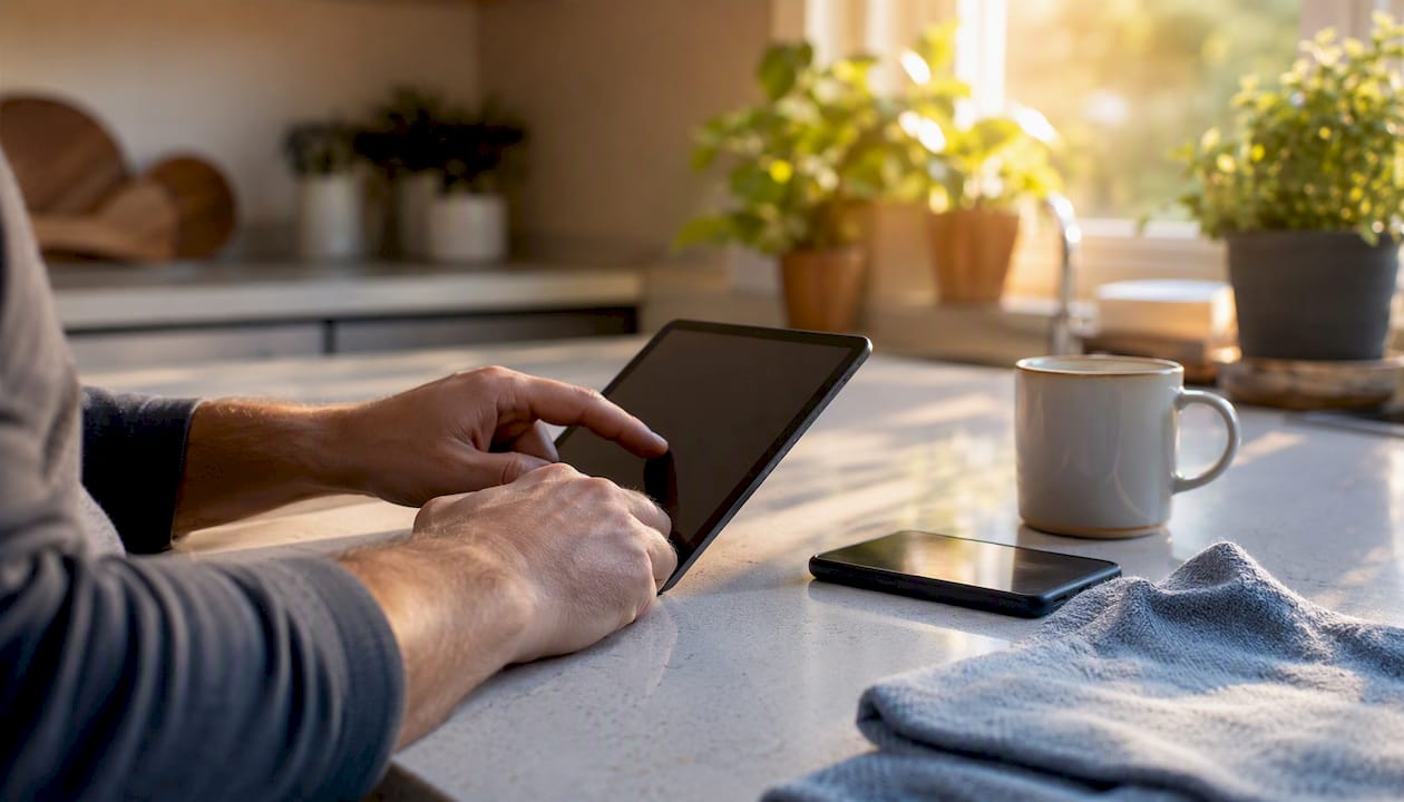 Hands updating rent ledger on tablet