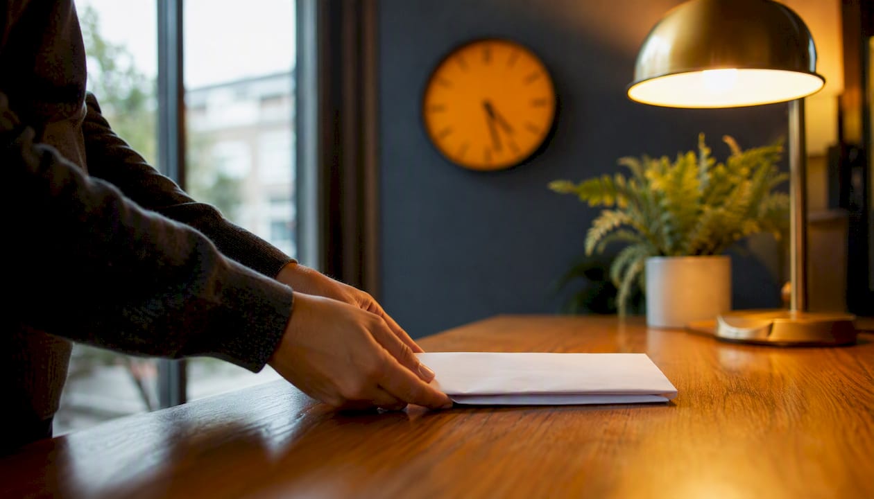 Hands placing 30-day notice on desk