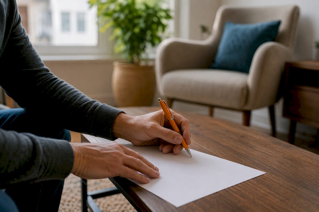 Hands preparing eviction notice on desk