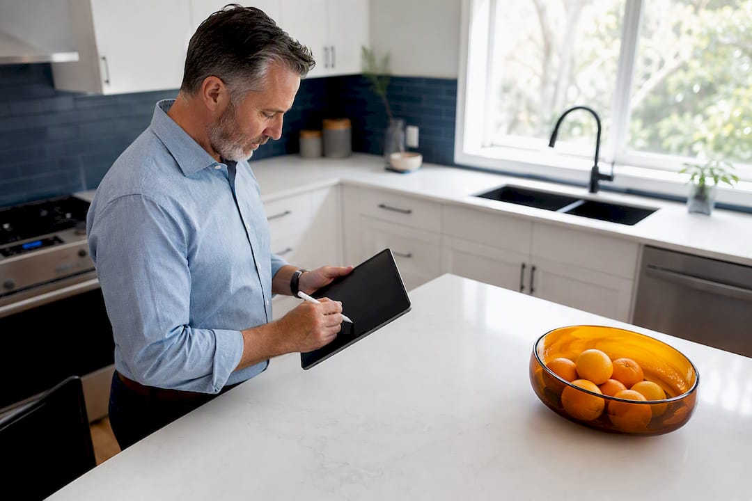 Landlord hands holding tablet at home desk