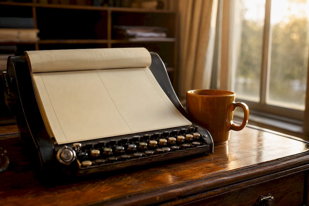 Cash ledger and mug on wooden desk