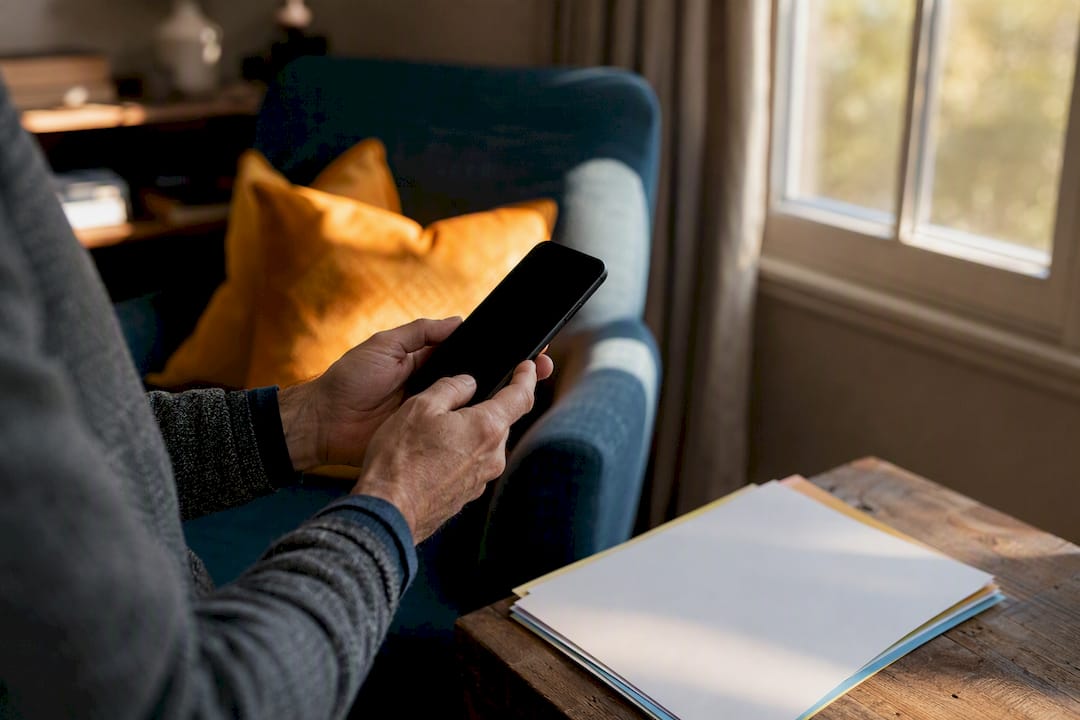 Landlord hands holding phone in living room