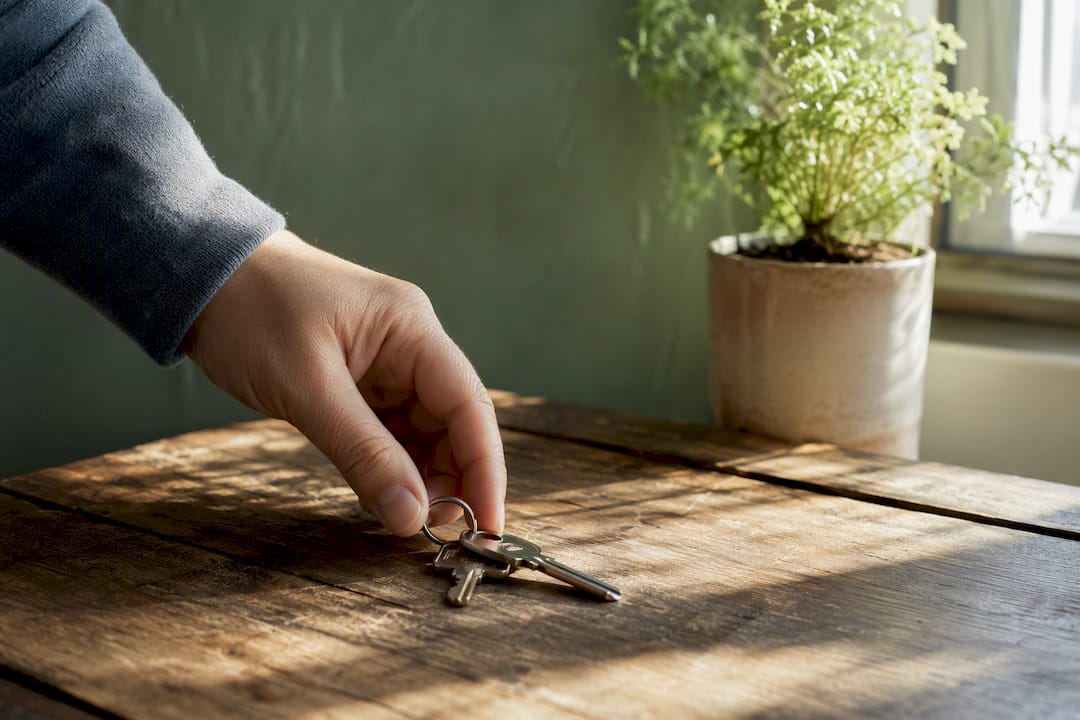 Tenant hand placing house keys on table