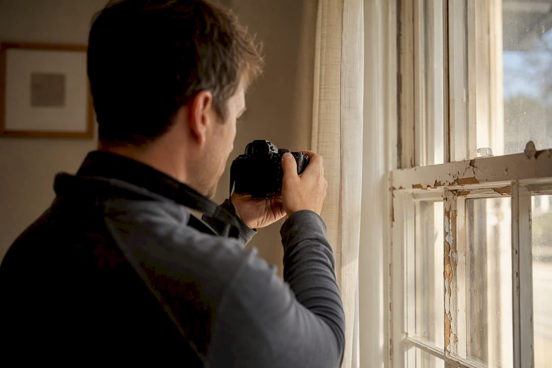 Hands photographing damaged lead paint surface