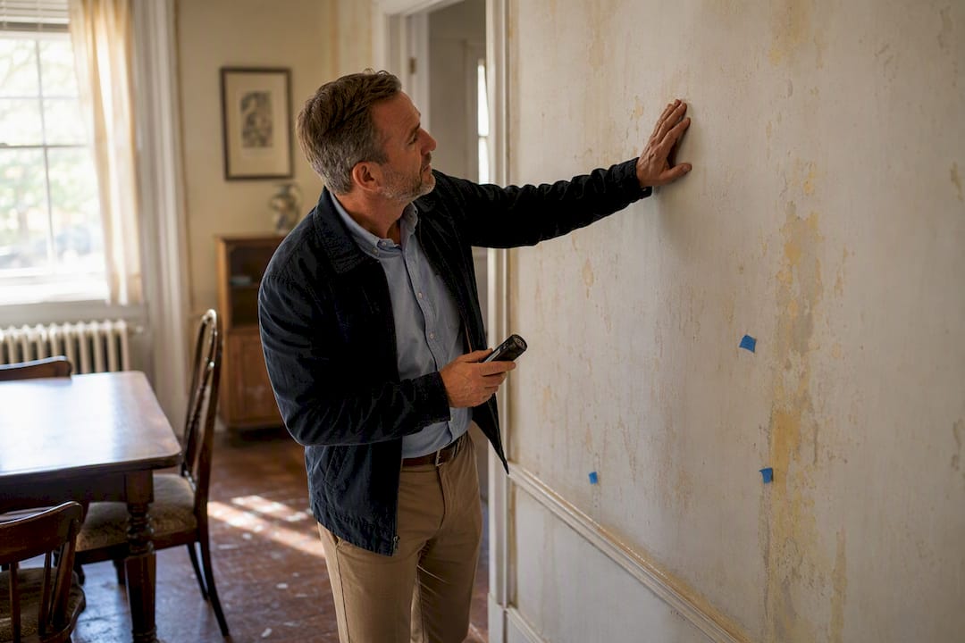 Landlord inspecting wall paint condition indoors