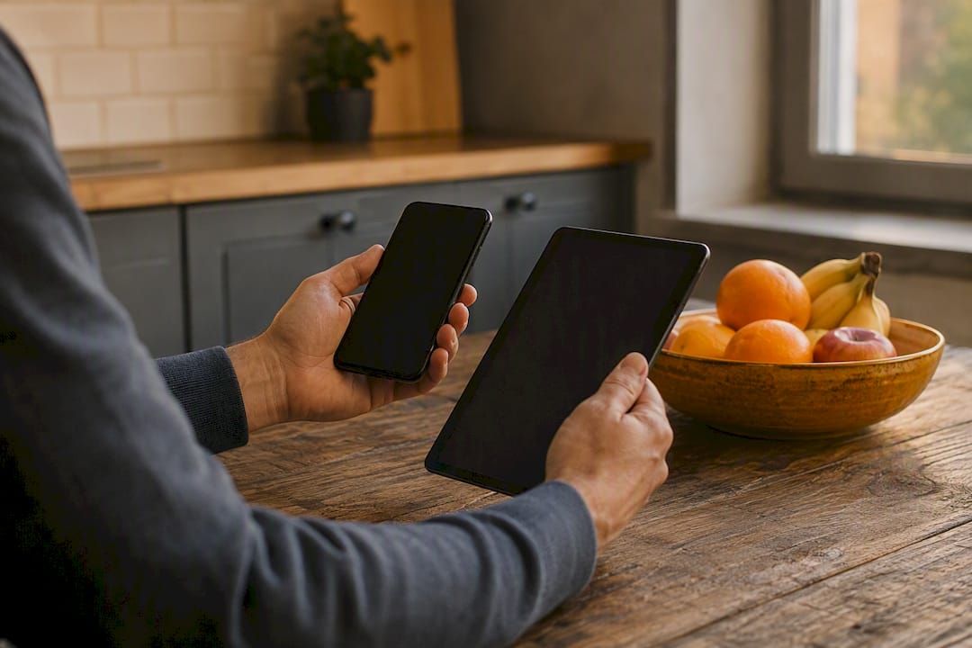 Landlord hands holding phone and tablet above desk