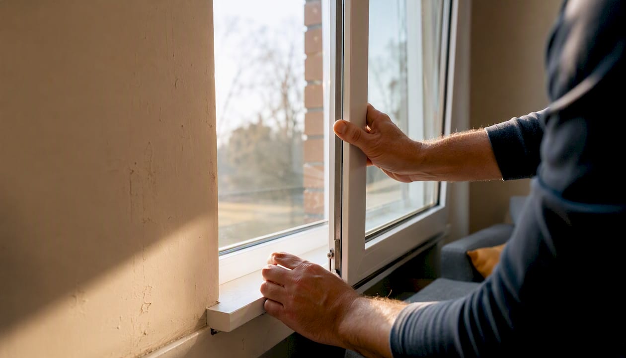 Landlord hands inspecting window latch