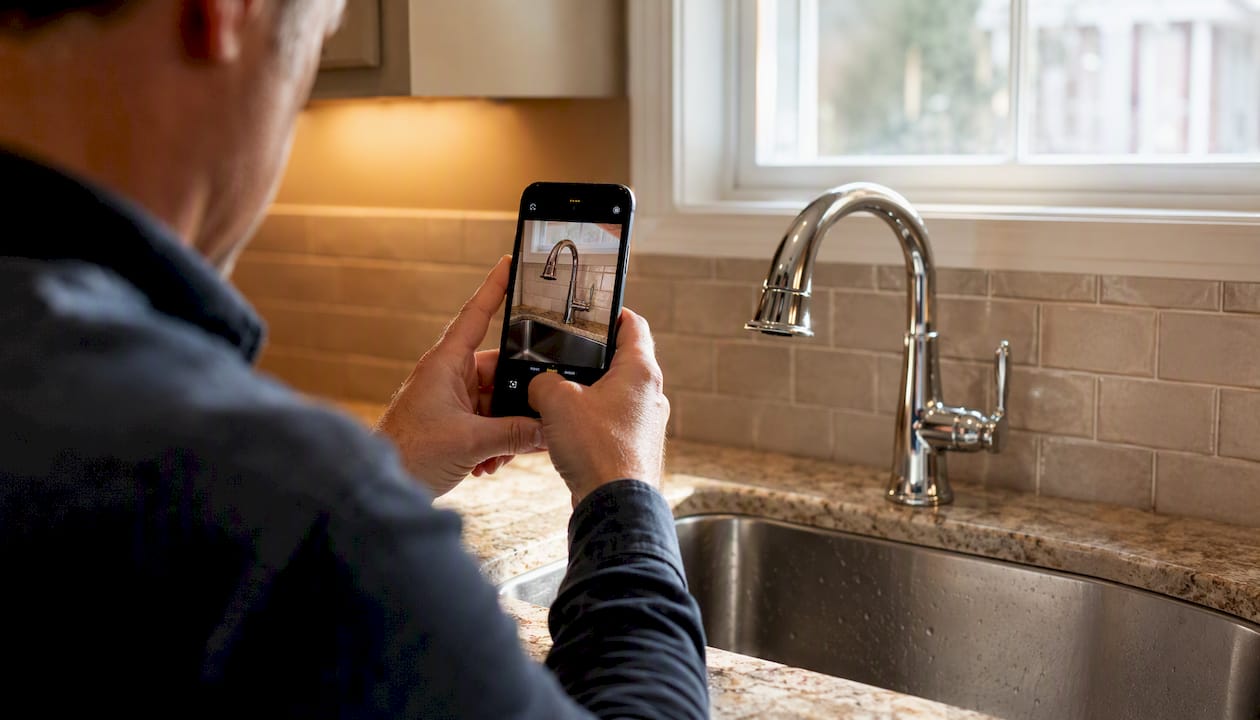 Hands photographing repaired kitchen faucet
