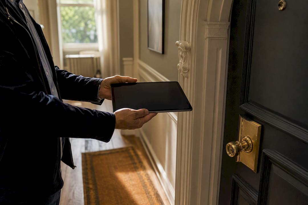 Hands delivering digital notice to rental door