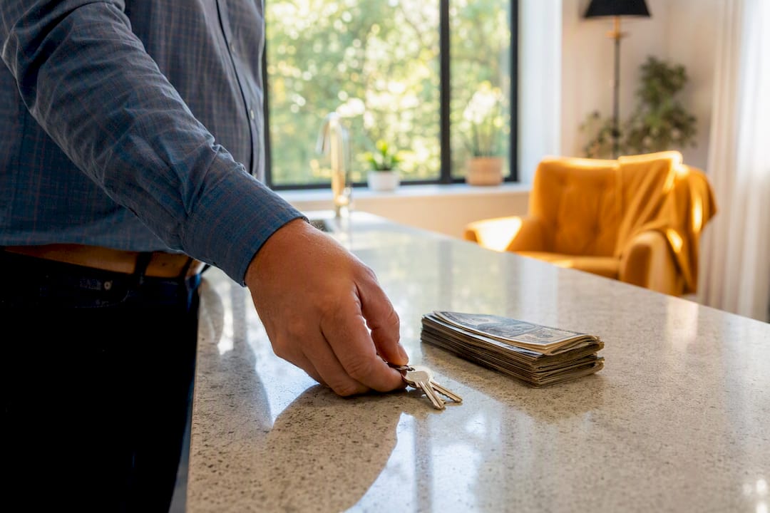 Landlord placing keys and cash on table