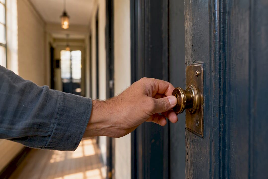 Landlord hand adjusting rental unit door lock