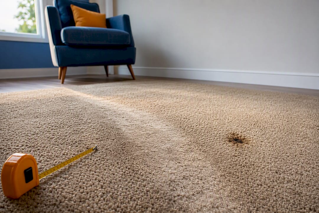 Rental carpet showing wear beside damage