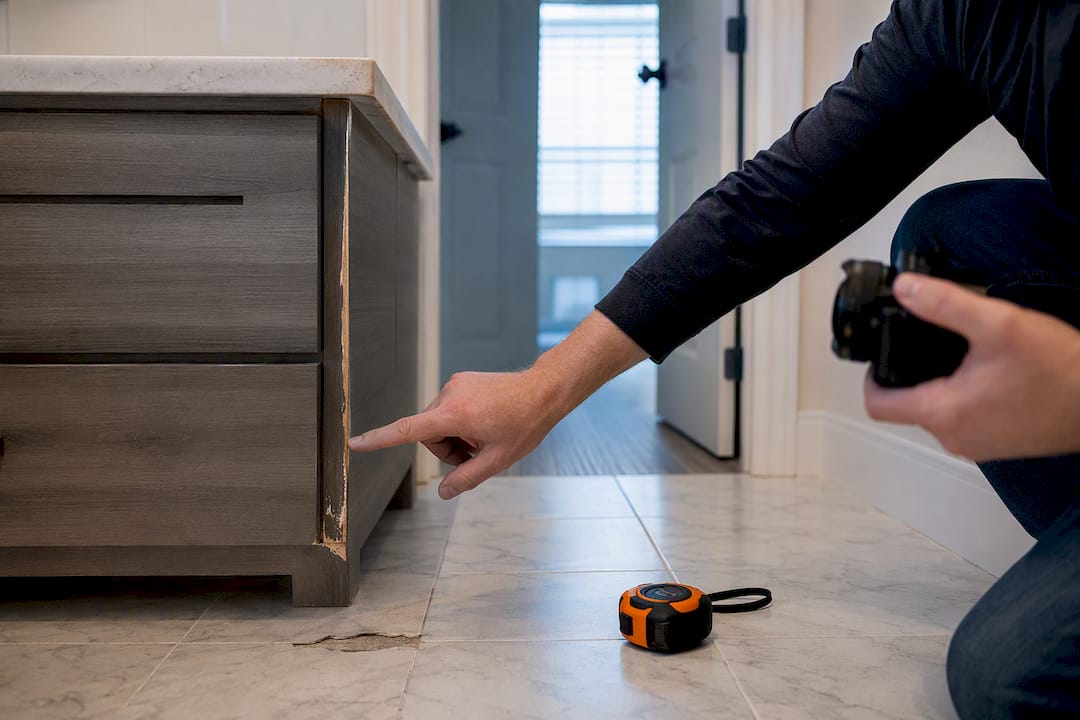 Landlord documenting rental bathroom damage