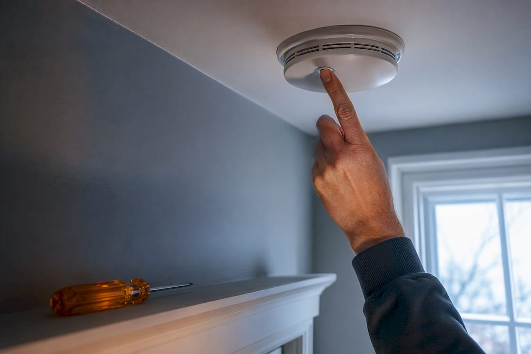 Hand testing partially visible smoke alarm