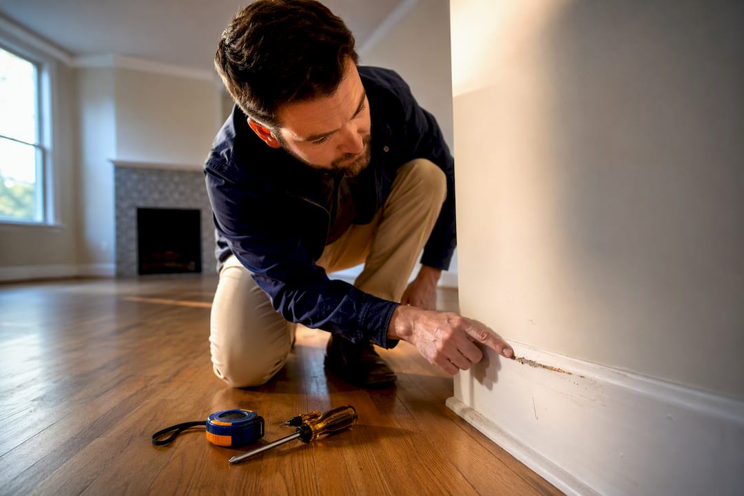 Landlord inspecting rental wall damage