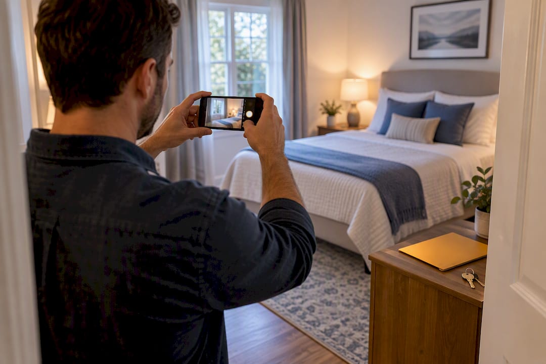 Landlord photographing rental room condition