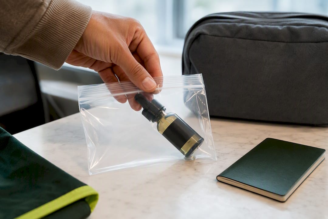 Flacon de CBD rangé dans un sac transparent