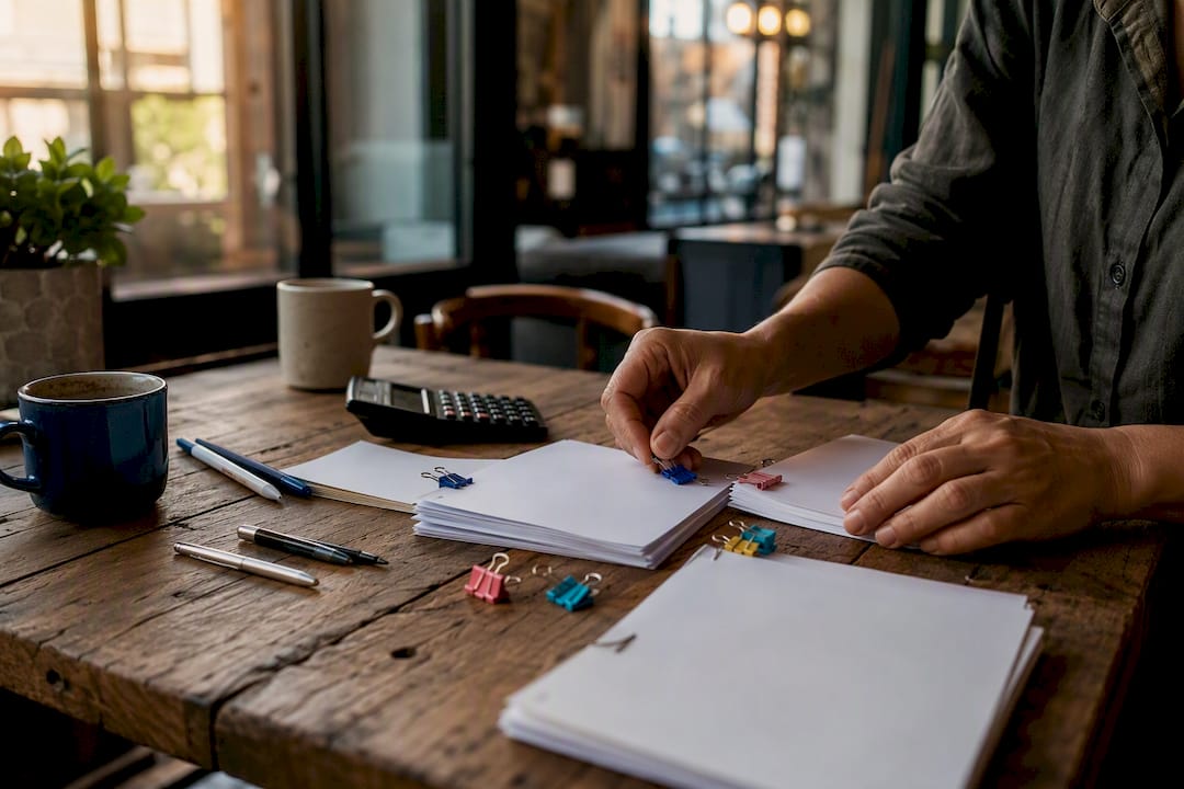 Hands arranging budget notes and calculator