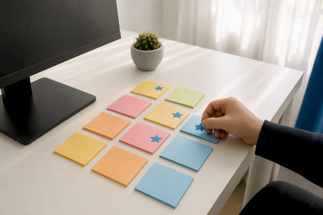 Hand placing tick mark on clean workspace notes
