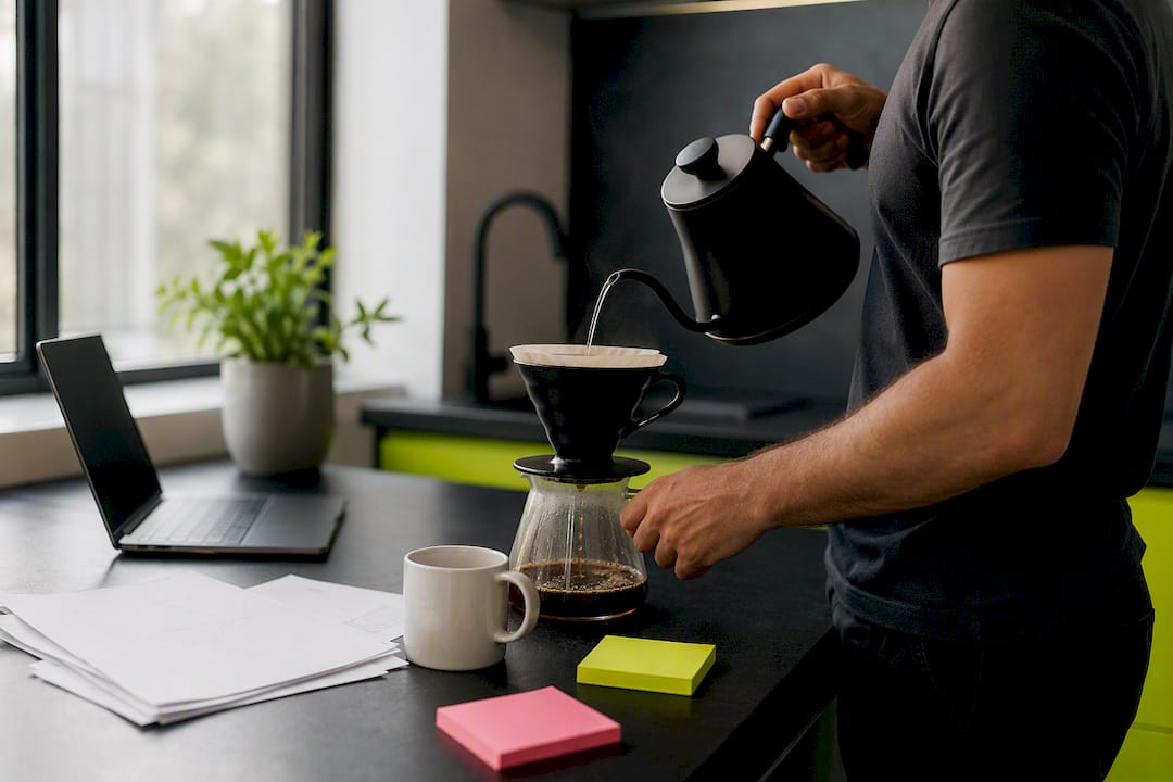 Hands pouring coffee near startup sketches