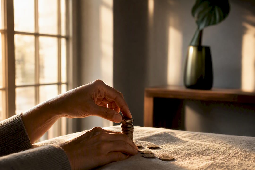 Hands stacking coins on table