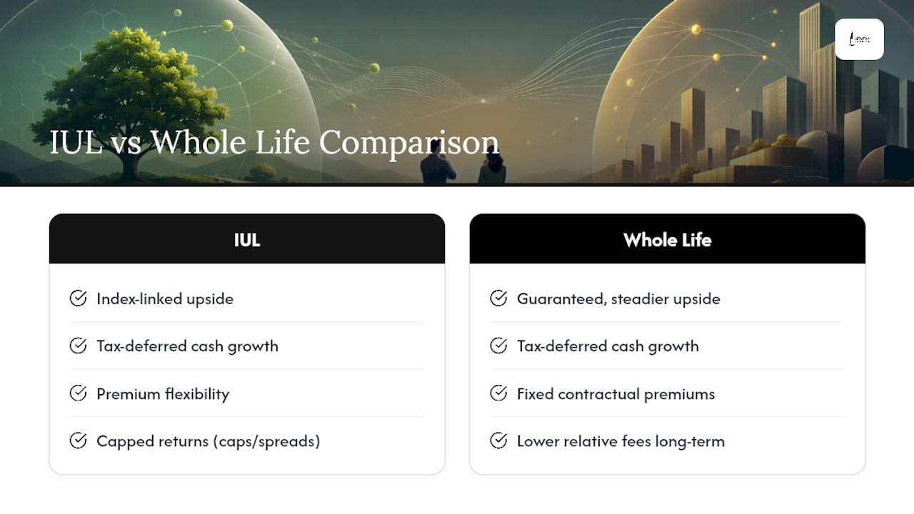 Diagram comparing IUL and Whole Life pros and cons
