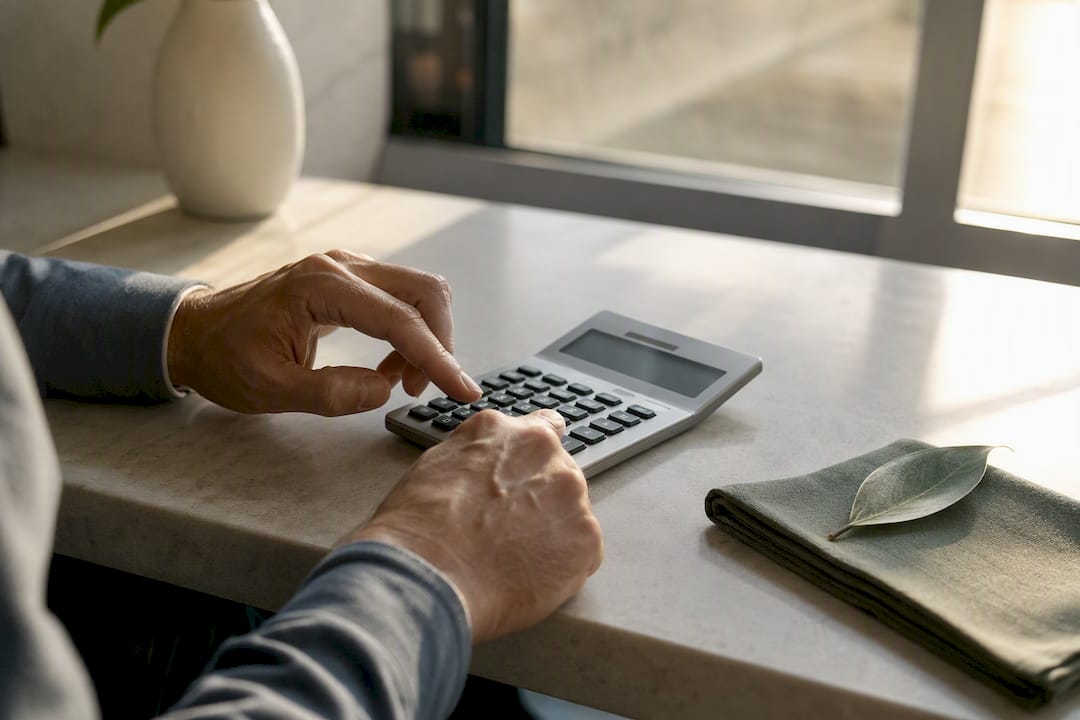 Hands calculating on calculator with credit card nearby