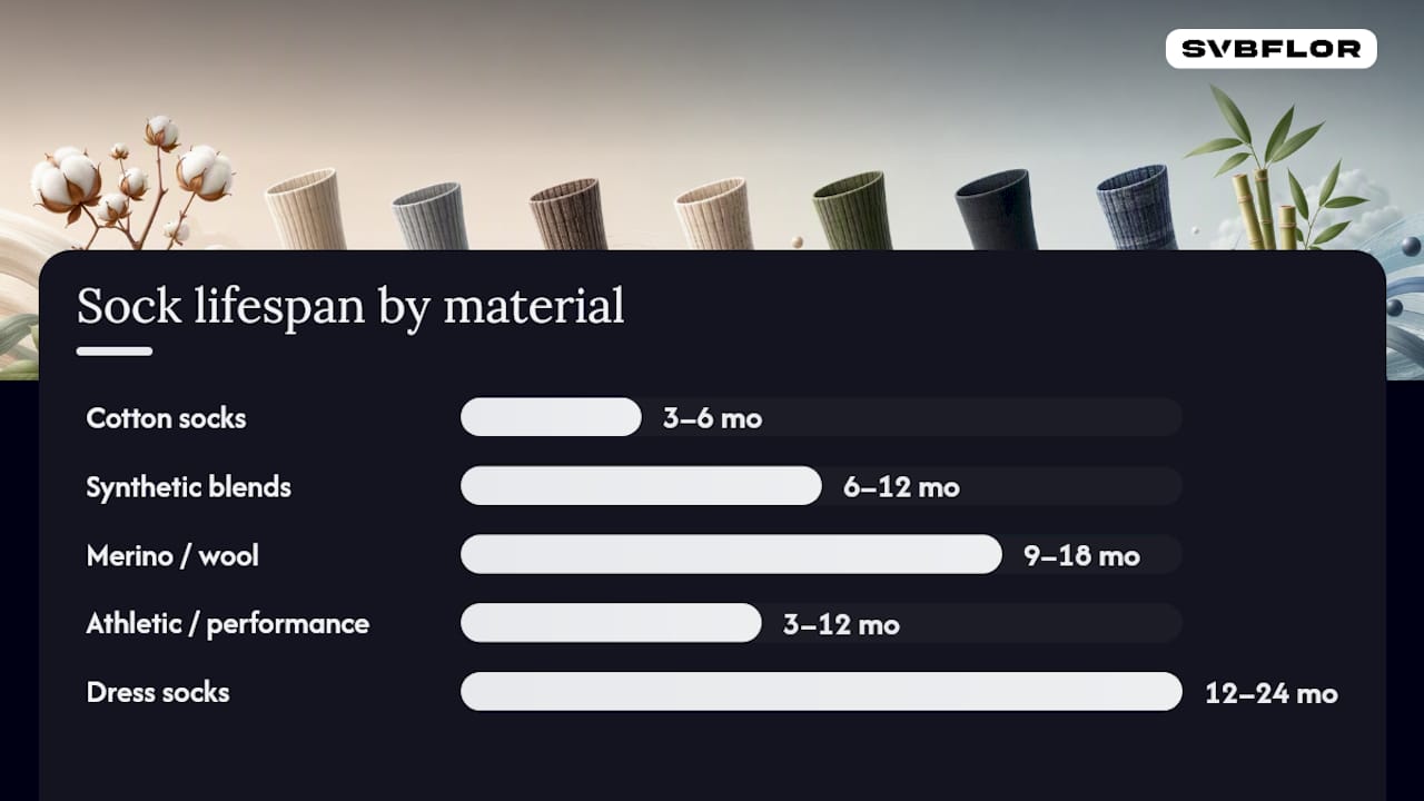 Sock lifespan ranges by material and style