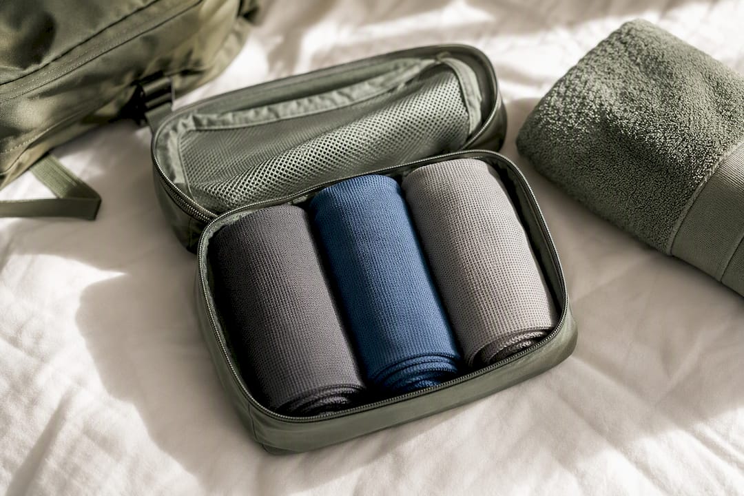 Compact fabric rolls inside packing cube