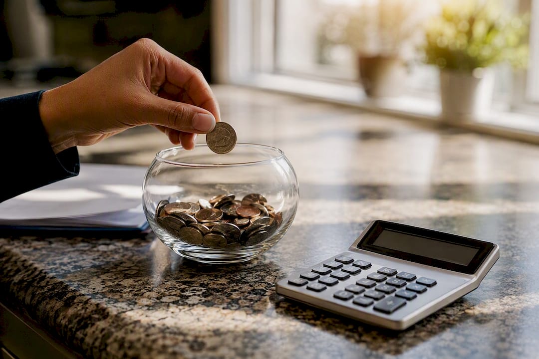 Hand pouring coins into jar beside calculator