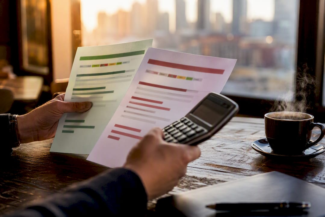 Hands comparing reports and calculator for mortgage options