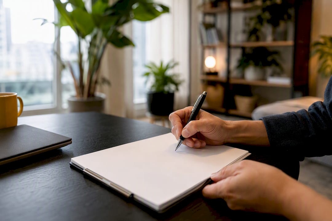 Hands signing mortgage offer papers at a home table