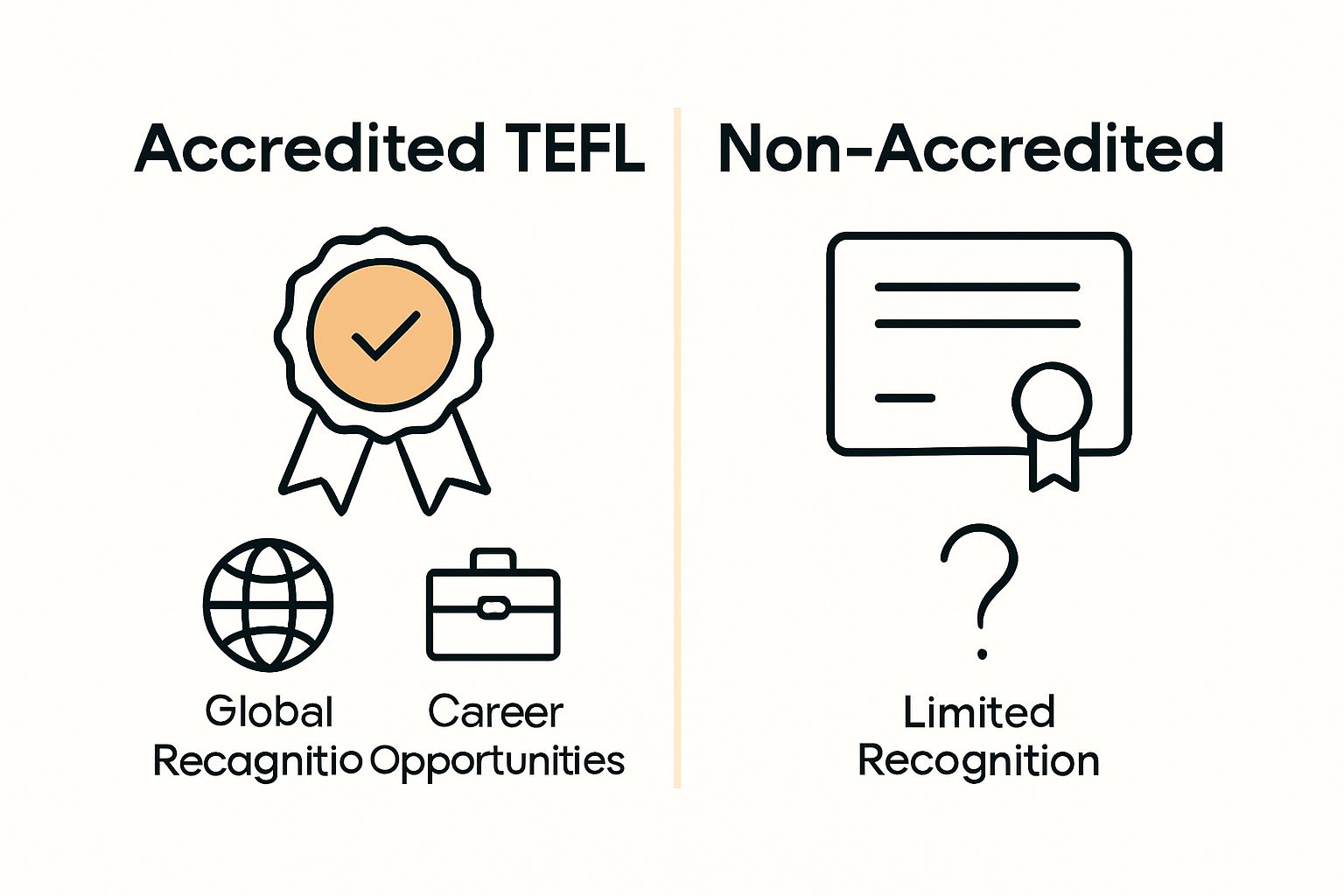 Comparison of accredited versus non-accredited TEFL certification icons