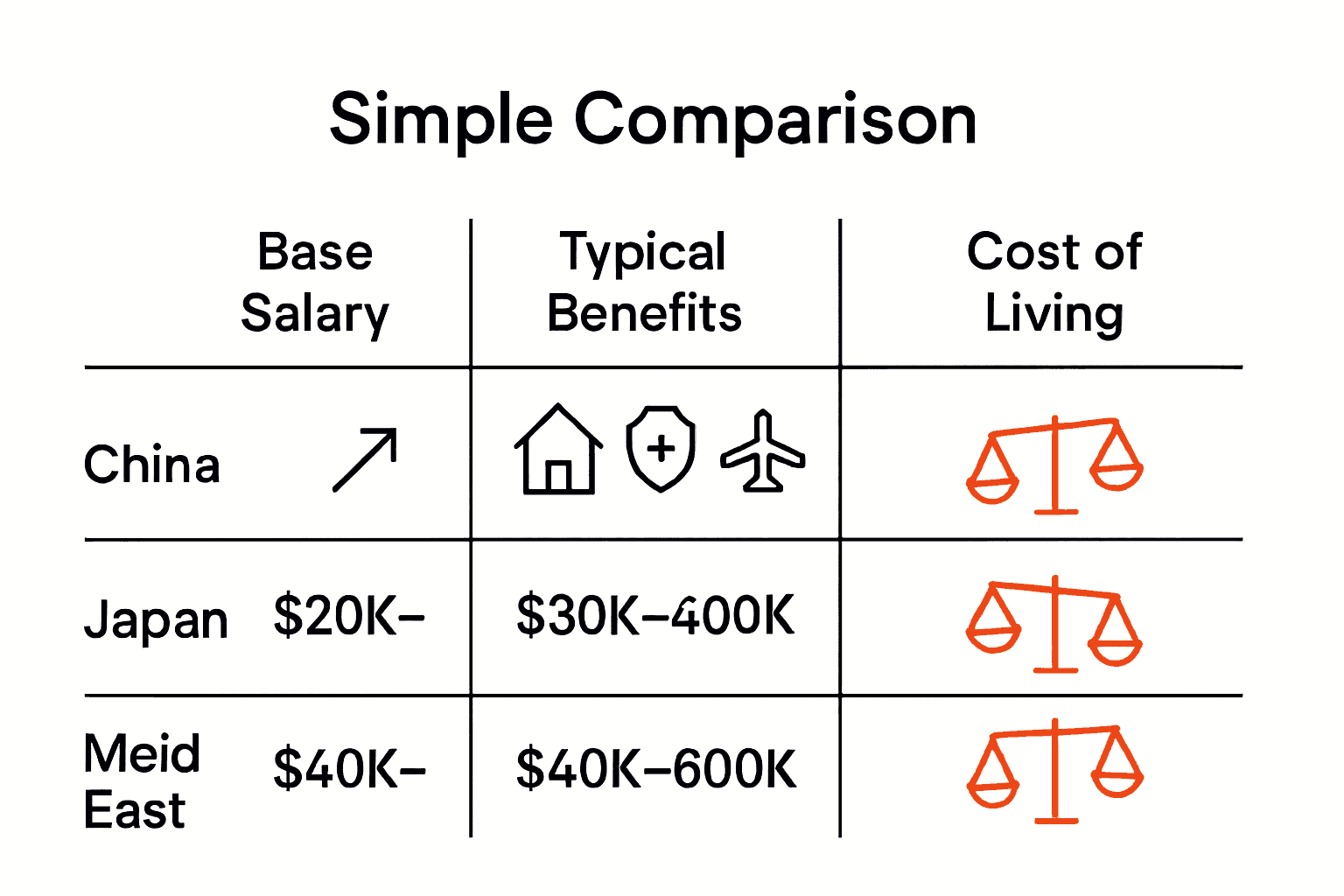 Infographic comparing TEFL base salary, benefits, and living costs for China, Japan, and Middle East.