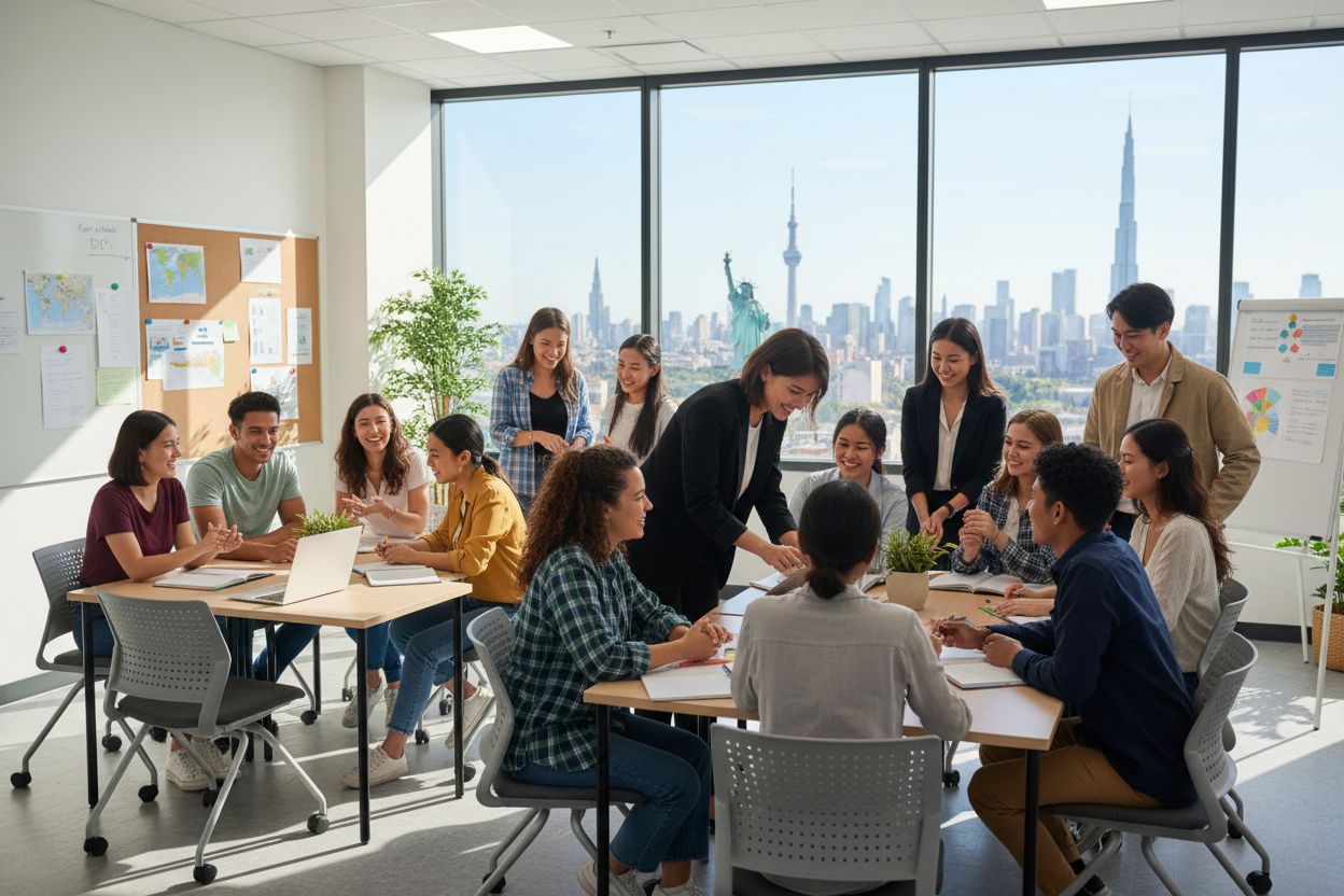 international teaching classroom, diverse students, global education