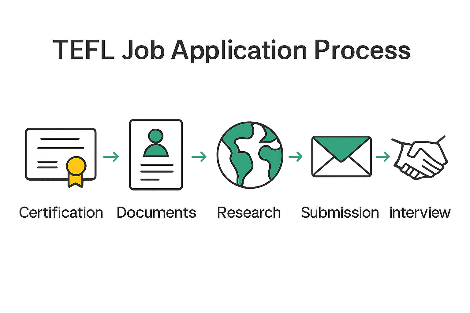 TEFL job application workflow step-by-step infographic with icons and arrows