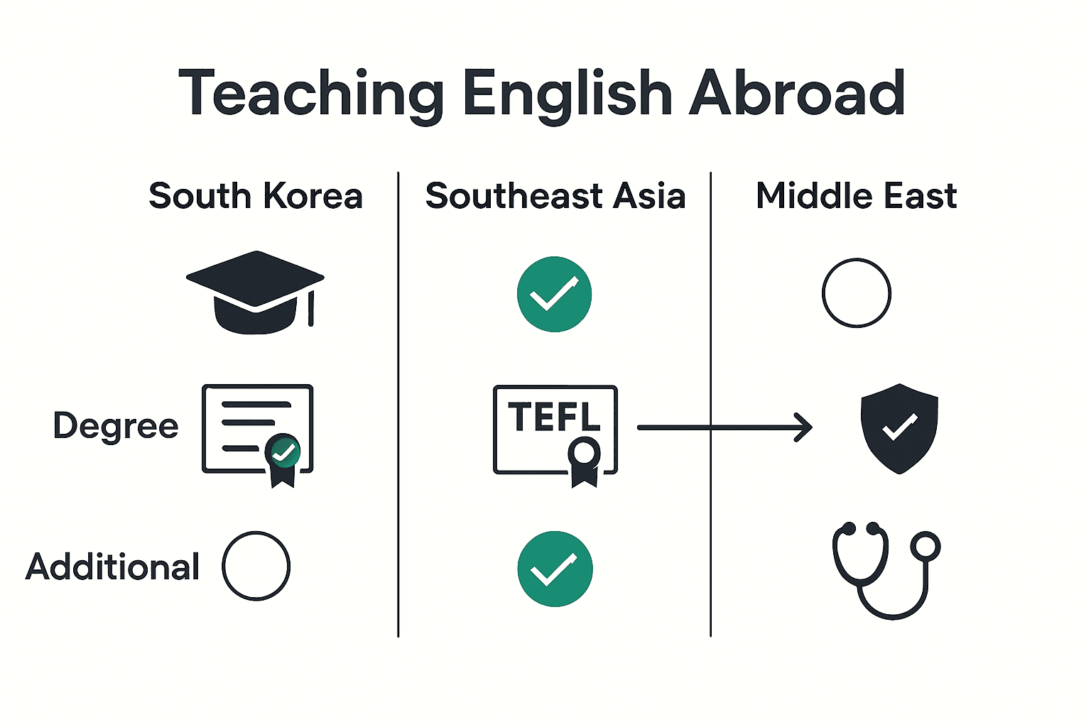 Infographic comparing English teaching requirements in South Korea, Southeast Asia, and the Middle East