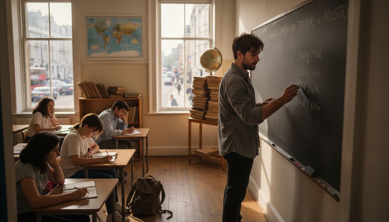 Teacher writing salary comparison in classroom
