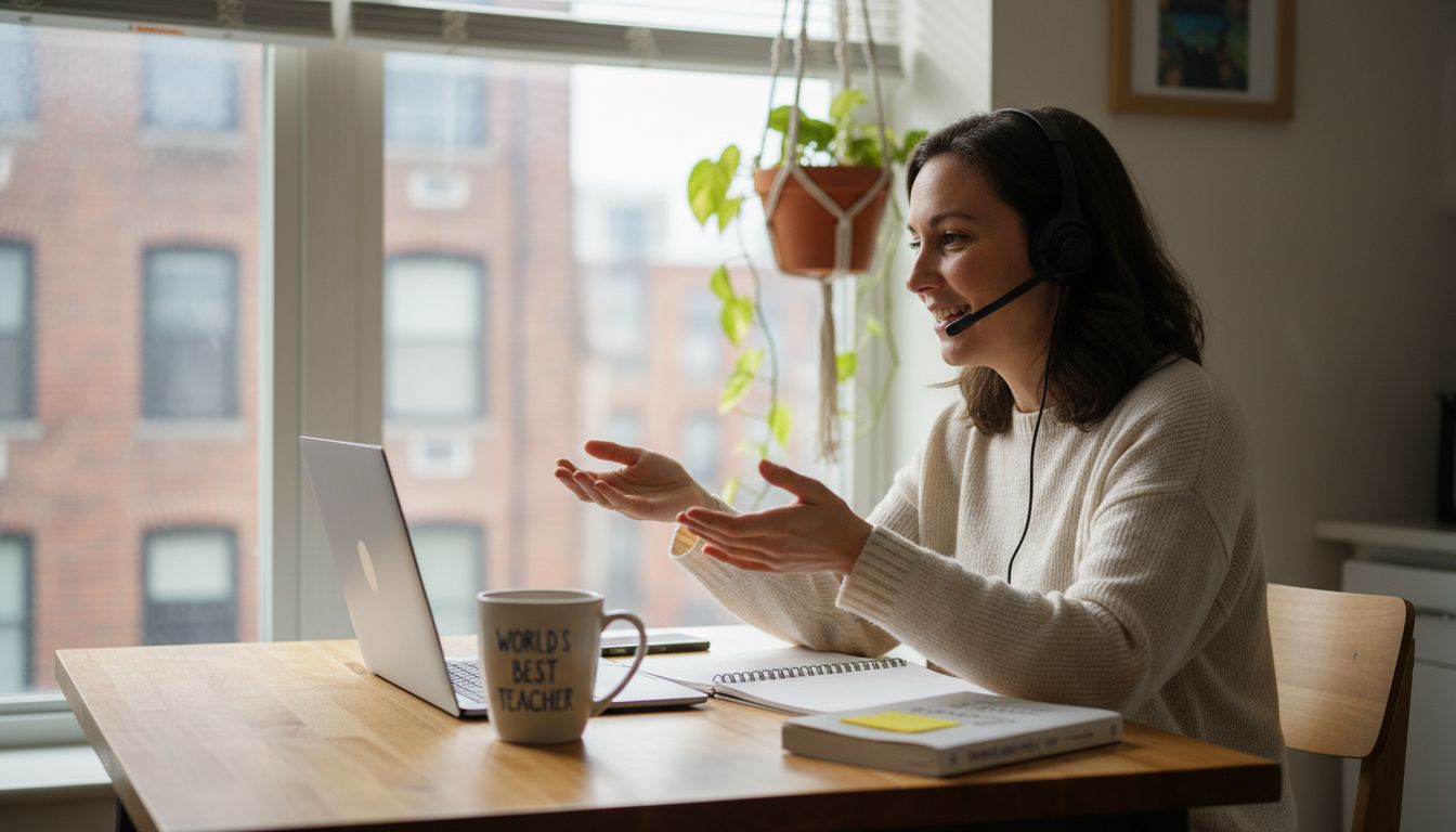 Woman teaching English online from kitchen table