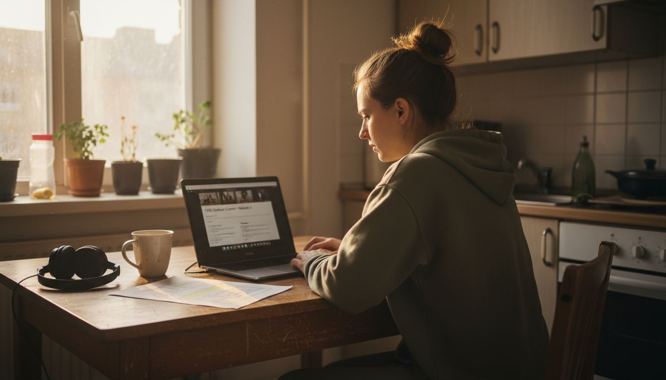 Woman studying online TEFL course at kitchen table