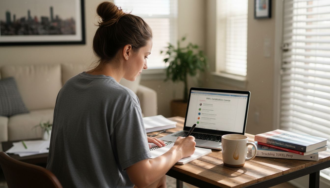Woman studying TEFL online at cluttered desk
