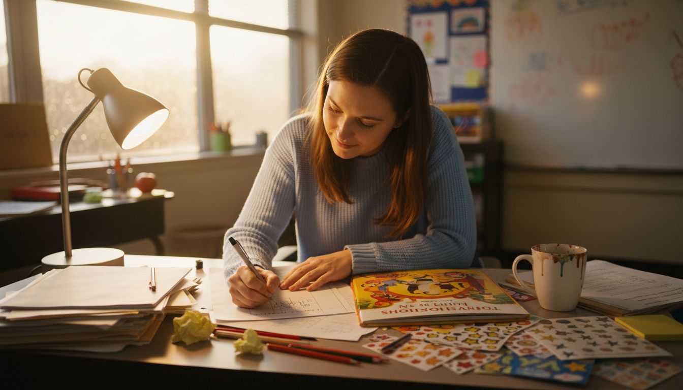 Teacher planning age-appropriate lesson at desk