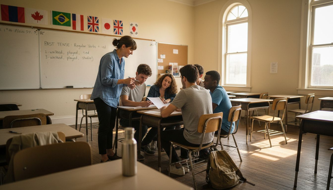 ESL teacher and students in diverse classroom