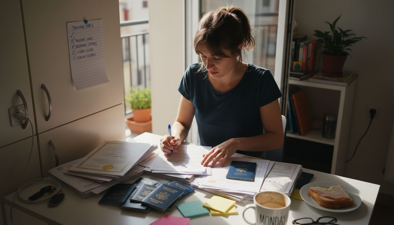 Person organizes TEFL documents on kitchen table