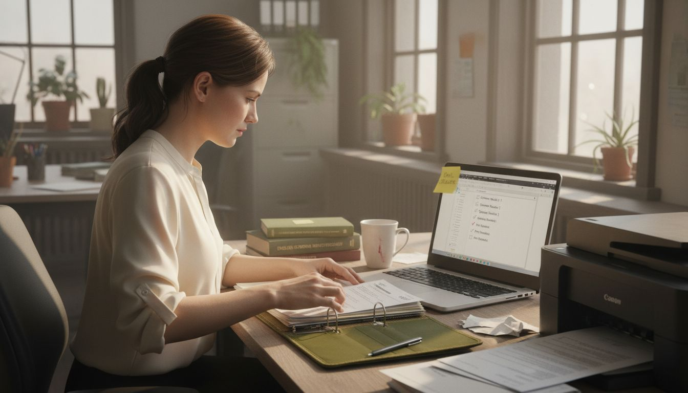 Teacher prepares TEFL interview materials in office